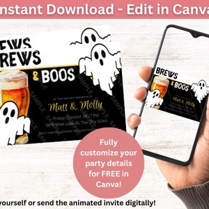 Invitación a fiesta de fantasmas de Boos And Brews / Descarga digital / Editable en Canva Descarga imprimible / Invitación a fiesta de Halloween