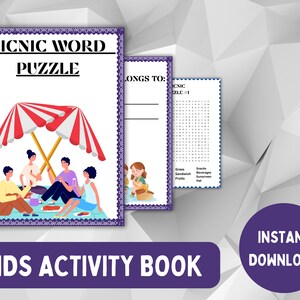 Puede incluir: Un libro de actividades para niños imprimible con temática de picnic. La portada presenta una ilustración de dibujos animados de una familia haciendo un picnic bajo una sombrilla roja y blanca a rayas. El título del libro es "Picnic Word Puzzle".