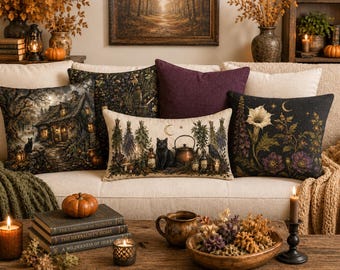 Witch's Cottage Collection | Halloween Throw Pillow | Moody Botanical Decor | Cottagecore Halloween | Dark Cottage Pillow, Mix & Match