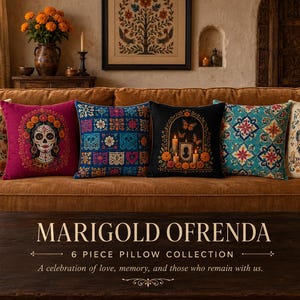 Könnte beinhalten: Eine sechsteilige Kissenkollektion mit dem Titel MARIGOLD OFRENDA, bestehend aus quadratischen Kissen mit verschiedenen Designs wie Zuckerschädeln, Ringelblumen, Schmetterlingen und geometrischen Mustern in leuchtenden Farben wie Magenta, Türkis und Schwarz.