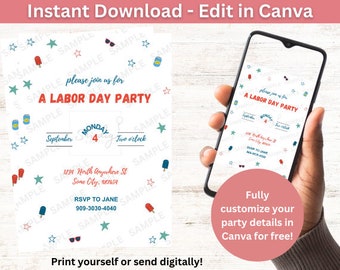 Labor Day Party Invitation | USA Party Invite | Digital Download | Editable In Canva Printable Download | Labor Day BBQ Invite
