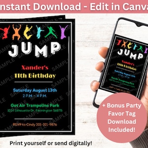 JUMP Party Invitation | Kids Party Invite | Digital Download | Editable In Canva Printable Download | Trampoline Park Birthday Kid Invite