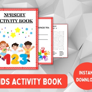May include: A red and white activity book for kids with the title "Nursery Activity Book" and the numbers 1, 2, and 3 in a colorful font. The book includes a word search puzzle with the title "Nursery Word Search #1".