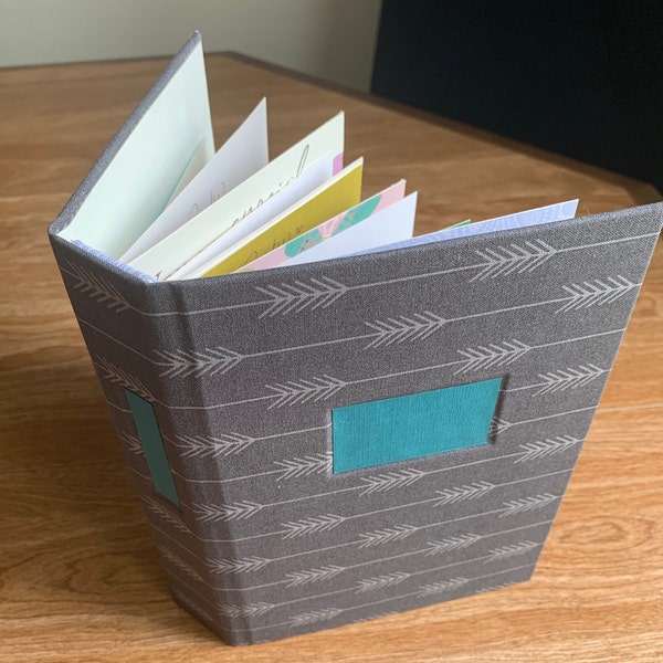 Handmade Card Keeper in grey with spine and front labels - Hard cover 'book' to keep greeting cards for easy browsing