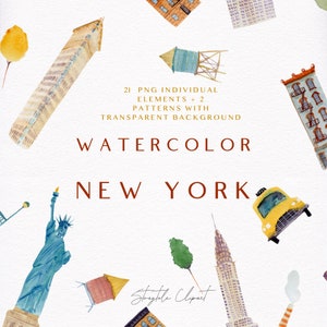 Watercolor clipart set "New York" + 2 pattern elements, 2 patterns. Watercolour clip art design. Digital format. Personal, Commercial Use
