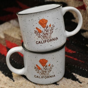 California Poppy 13oz ceramic collectors camp style speckled mug yellow or orange