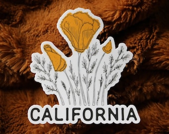 Op de afbeelding: Een witte sticker met een zwarte omtrek van California-papavers en het woord "CALIFORNIA" in zwarte letters.