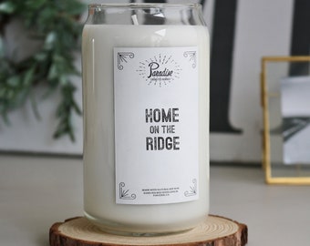 Home on the Ridge all-natural soy candle in a 16oz reusable beer can glass. Paradise Tribute Series brand