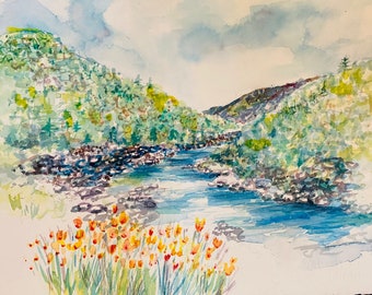 Bridgeport. Original Watercolor study of the Yuba River