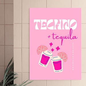 Disco Lines „Techno and Tequila” Różowy plakat, Cyfrowy plakat do pobrania do druku, Dom Dolla, Sztuka ścienna EDM Dance House Muzyka elektroniczna