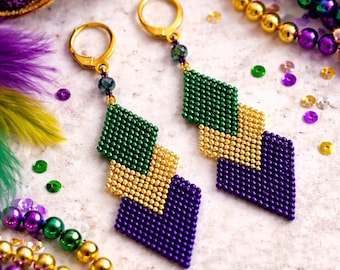 Mardi Gras Beaded Earrings: Handwoven Miyuki Delica Seed Bead Festive Accessory