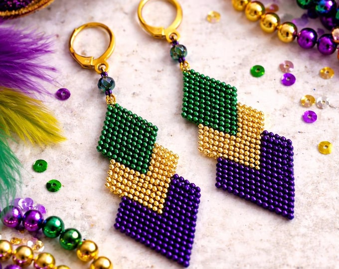 Featured listing image: Mardi Gras Beaded Earrings: Handwoven Miyuki Delica Seed Bead Festive Accessory