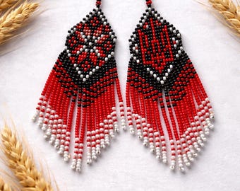 Tryzub and Vyshyvanka pattern black and red beaded earrings