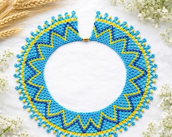 Handmade Blue and Yellow Ukrainian Sylianka Necklace – Traditional Beaded Jewelry | Patriotic Statement Collar