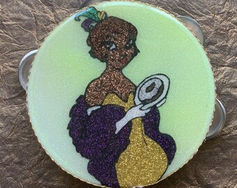 Handmade Princess Tambourine – Glitter Mardi Gras Shaker, NOLA Art Gift