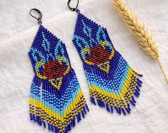 Handcrafted Ukrainian Tryzub Poppy Earrings, Seed Bead Jewelry