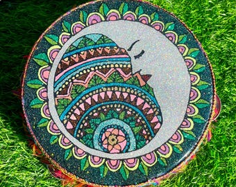 Moon Mandala Glitter Tambourine – 7” Handmade Epoxy Wood Art | Celestial Mandala Decor