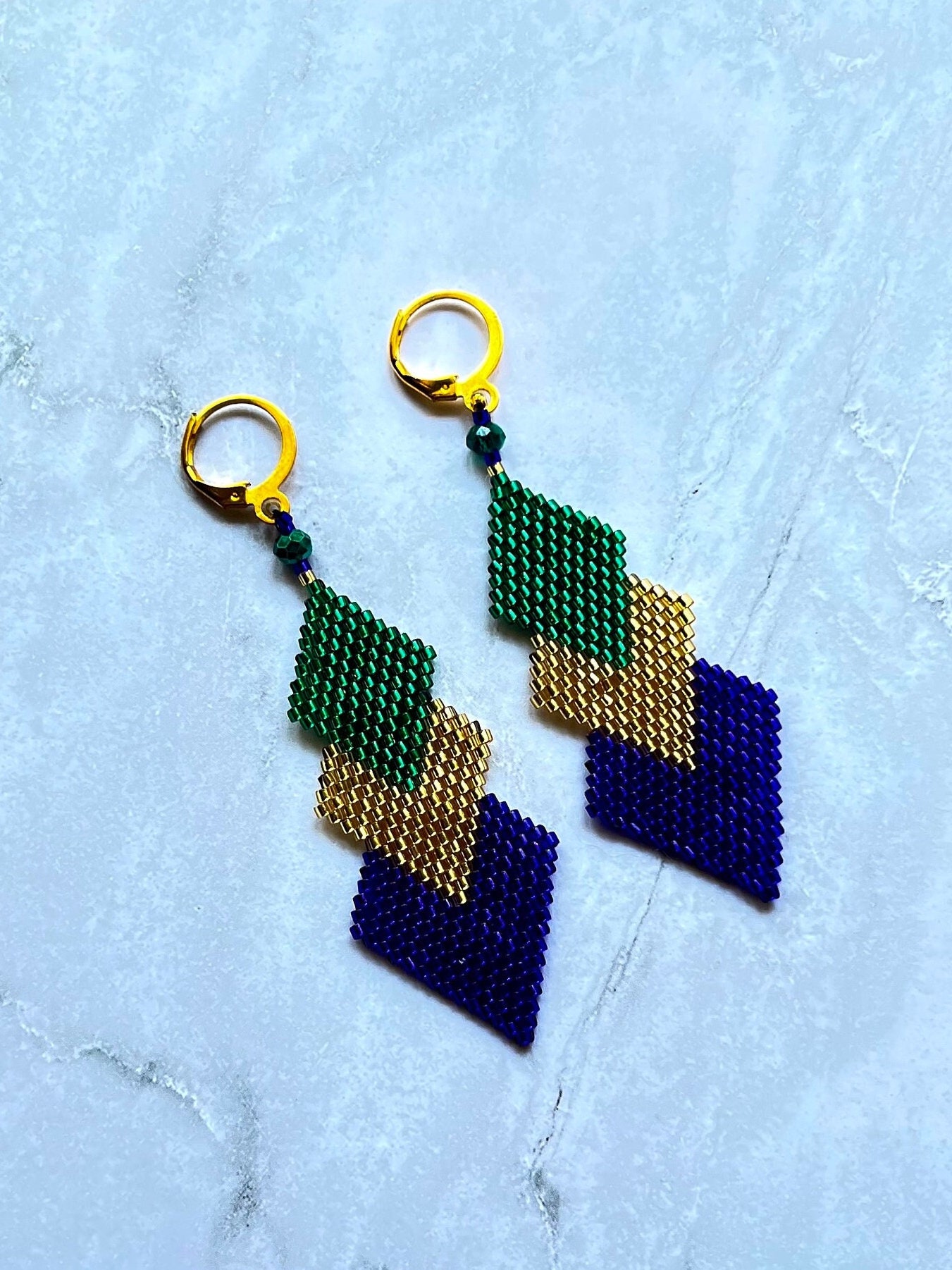 Mardi Gras Purple Green Gold Beaded Earrings, Handwoven Miyuki Delica Seed Bead Jewelry, Festive Statement Accessory