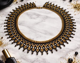 Handcrafted Black Gold Sylianka Necklace, Ukrainian Beaded Jewelry, Saints Game Day Accessory
