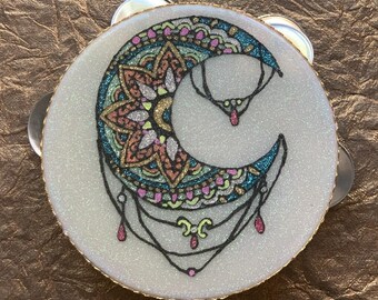 Mandala Crescent Moon Tambourine – Glitter Boho Festival Shaker