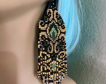 Roxelena-Inspired Beaded Earrings – Luxurious Gold, Black, and Emerald Jewelry | Handmade Regal Elegance