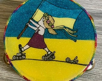 Ukrainian girl with flag glitter tambourine