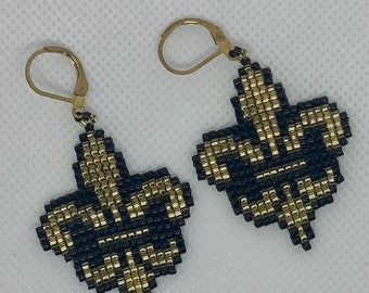 Handmade Black and Gold Fleur de Lis Earrings – Saints-Inspired Beaded Jewelry | TOHO Beads