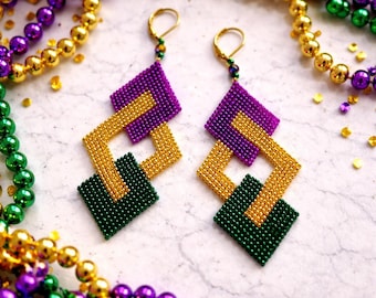 Mardi Gras Beaded Earrings: Handcrafted Geometric Purple, Gold & Green