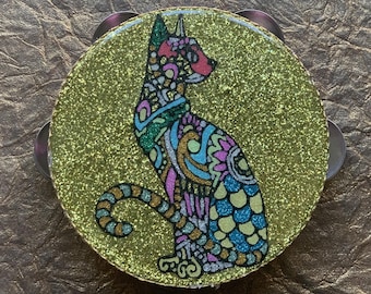 Boho Mosaic Cat Tambourine – Gold Glitter Festival Shaker