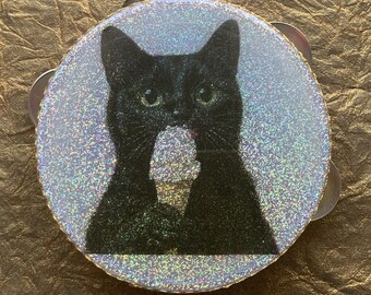 Black Cat Ice Cream Tambourine – Glitter Resin Art, Handmade Shaker