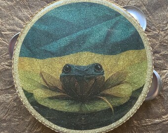 5.5” Frog Tambourine – Glitter Resin Mini Tambourine, Ukrainian Flag Art, Unique Handmade NOLA Gift, Festival Shaker