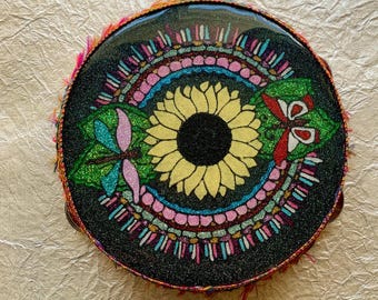 Sunflower Abstract Glitter Tambourine – 7” Handmade Epoxy Wood Art | Nature-Inspired Decor