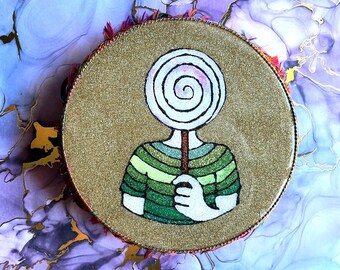 Abstract Candy Girl Glitter Tambourine – 7” Handmade Epoxy Wood Art | Unique Decorative Tambourine