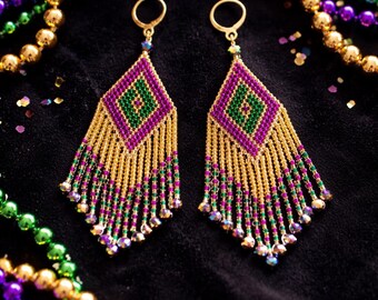 Abstract Mardi Gras Beaded Earrings – Handmade Festival Jewelry | Purple, Green & Gold Statement Earrings