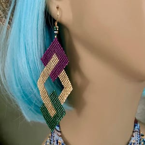 Mardi Gras Beaded Earrings – Handcrafted Geometric Jewelry in Purple, Gold & Green | New Orleans Festival Earrings