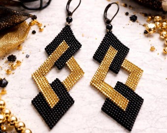 Black and Gold Saints game ready beaded earrings
