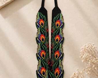 Handmade Peacock Beaded Bib Necklace • Vibrant Seed Bead Statement Jewelry