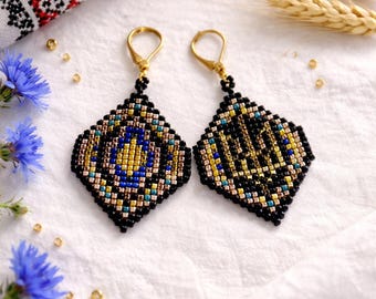 Handmade Ukrainian Tryzub (Trident) Beaded Earrings – TOHO Beads | Patriotic Jewelry