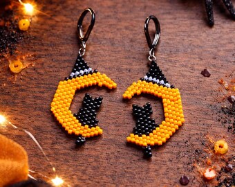 Halloween Earrings – Orange Moon and Black Cat Jewelry | Spooky Handmade Accessories