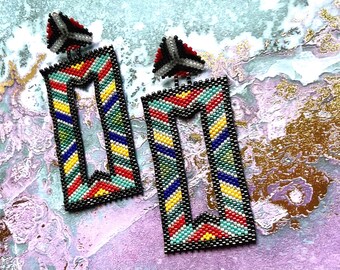 Multicolored Rectangle Earrings – Handmade Miyuki Delica Beaded Statement Jewelry | Lightweight & Customizable