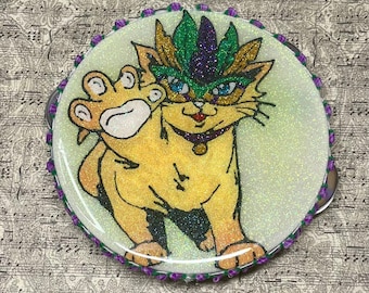 Mardi Gras Cat Glitter Tambourine: Handmade Carnival Instrument (5.5")