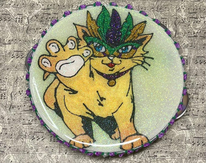 Featured listing image: Mardi Gras Cat Glitter Tambourine: Handmade Carnival Instrument (5.5")