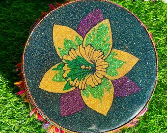 Mardi Gras Colors Daffodil Glitter Tambourine – 7” Handmade Epoxy Wood Art | Festive Decor