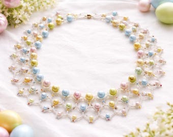 Pastel Beaded Collar Necklace – Handmade Lace-Style Seed Bead Statement Piece