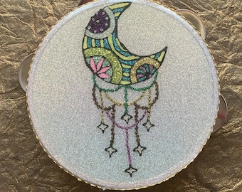 Glitter Crescent Moon Tambourine – Handmade Boho Shaker, Mardi Gras Decor