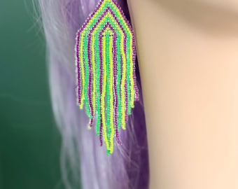 Neon Mardi Gras Beaded Fringe Earrings – Handmade Beadwork, Festival Jewelry, NOLA Art