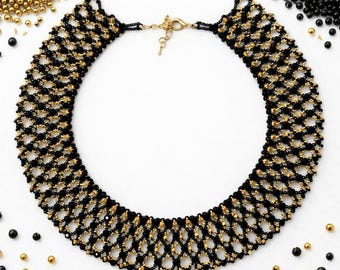 Handmade Black and Gold Beaded Sylianka Necklace: NOLA Saints Accessory