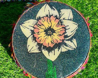 Handmade Daffodil Glitter Tambourine – 7” Floral Epoxy Wood Art | Spring-Inspired Decor