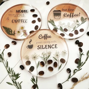 Coffee bean resin coasters/ pressed flowers/ coffee lover