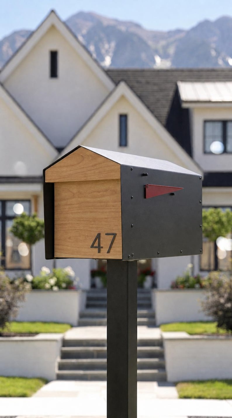 Peut inclure: Une bo&icirc;te aux lettres avec un ext&eacute;rieur en m&eacute;tal noir et un panneau avant en bois clair. Le num&eacute;ro 47 est affich&eacute; en noir sur la face en bois. Un petit drapeau en m&eacute;tal rouge est fix&eacute; sur le c&ocirc;t&eacute; du bo&icirc;tier noir, mont&eacute; sur un poteau noir.